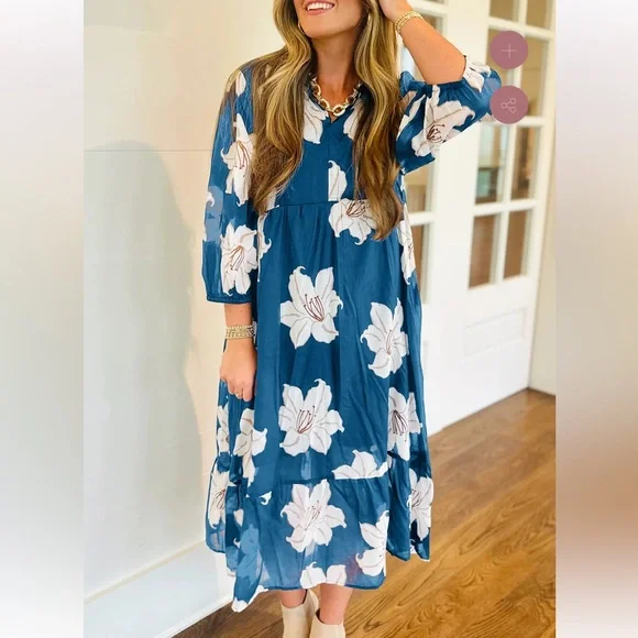 Umgee Floral Blue and White Dress - Picture 1 of 4
